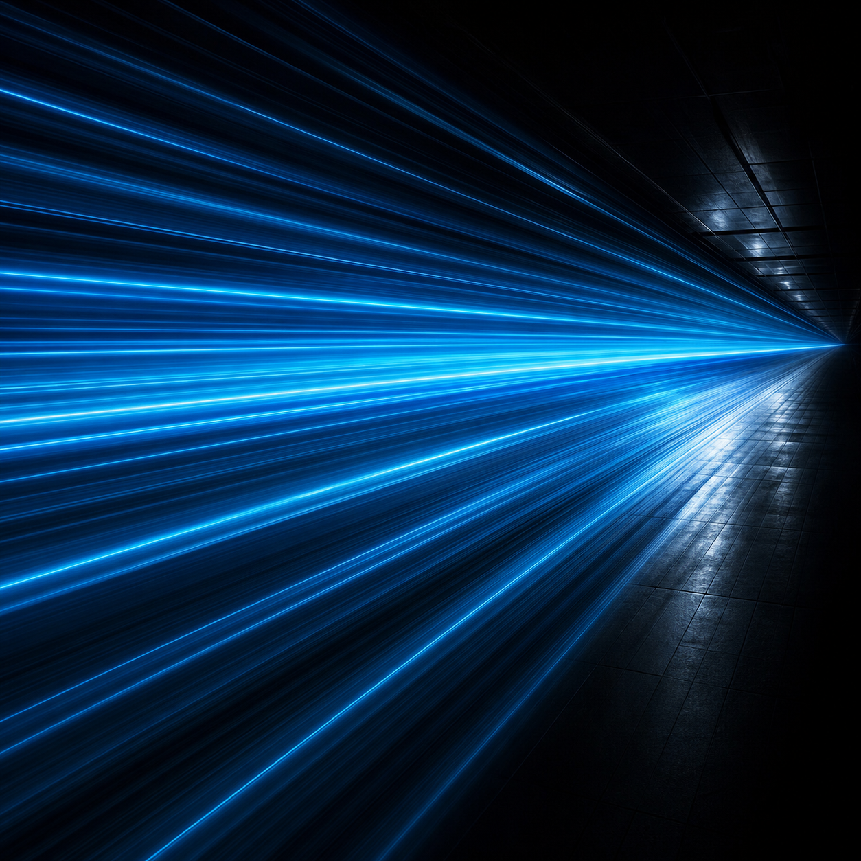 Electric blue system trails flowing through darkness